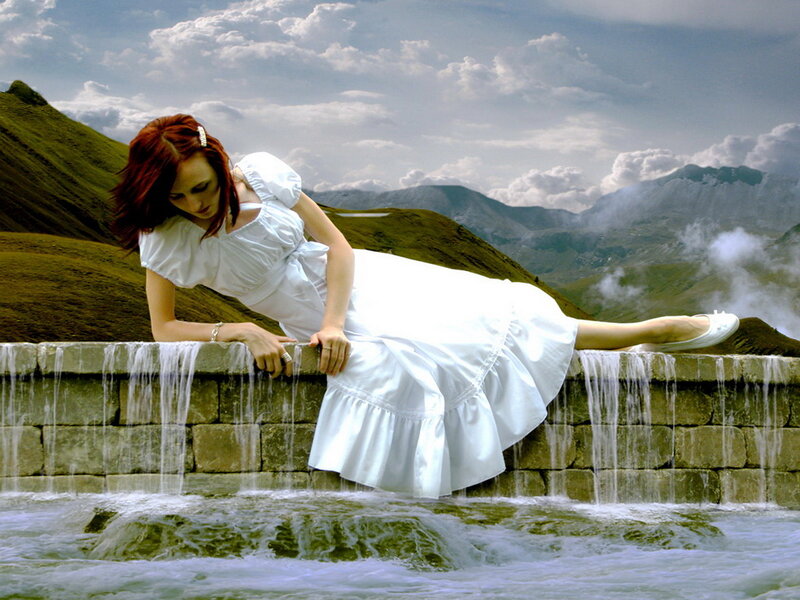 Woman in White Dress — Dramatic, Afternoon, Photograph, Mountains, Waterfall