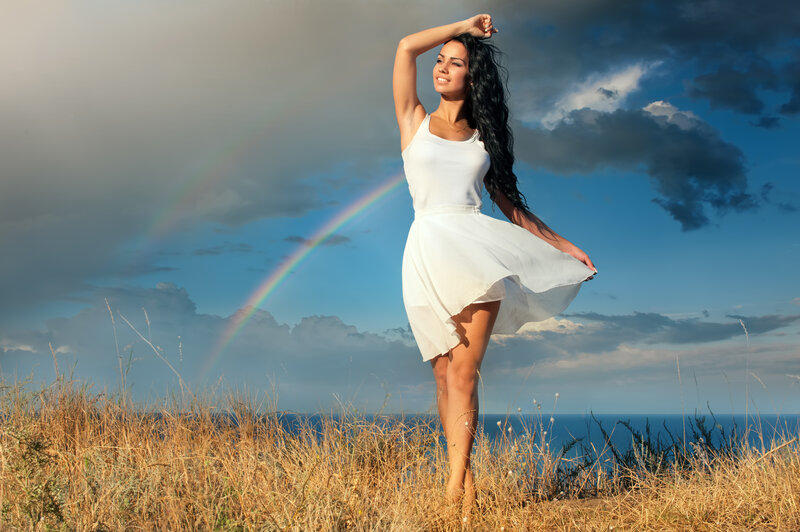Woman in White Dress — Dramatic, Afternoon, Photograph, Rainbow