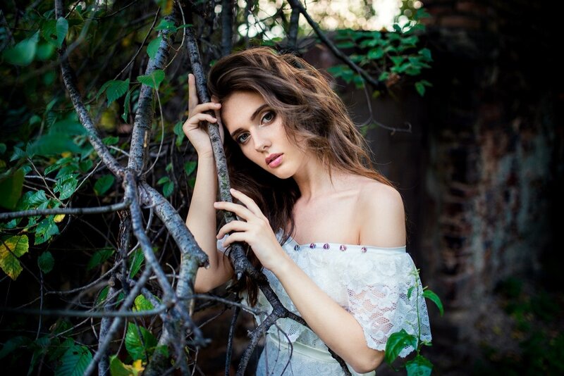 Woman in White Dress — Dramatic, Afternoon, Photograph, Tree Branches