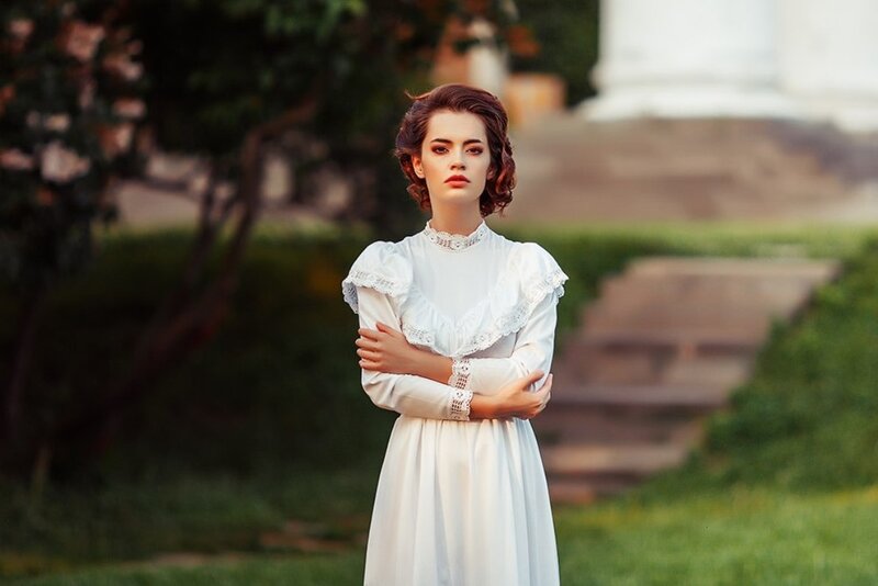 Woman in White Dress — Dramatic, Afternoon, Photograph, Trees
