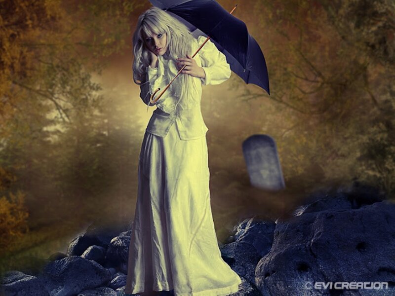 Woman in White Dress — Dramatic, Autumn, Digital Art, Umbrella