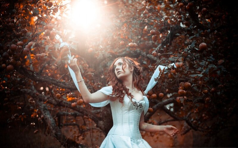 Woman in White Dress — Dramatic, Autumn, Photograph, Apple Tree