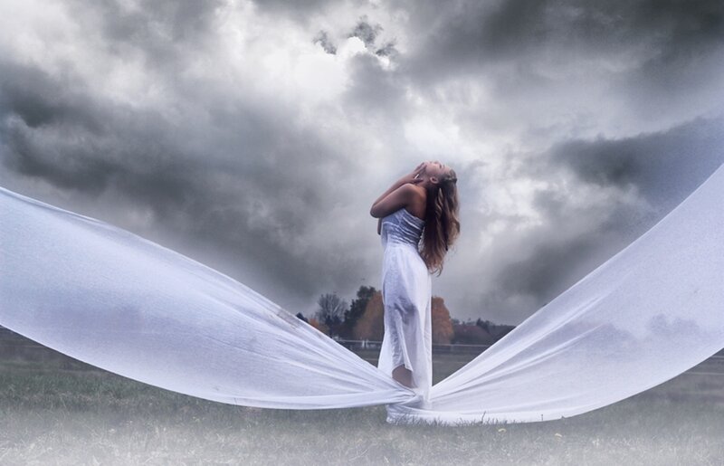 Woman in White Dress — Dramatic, Autumn, Photograph, Clouds