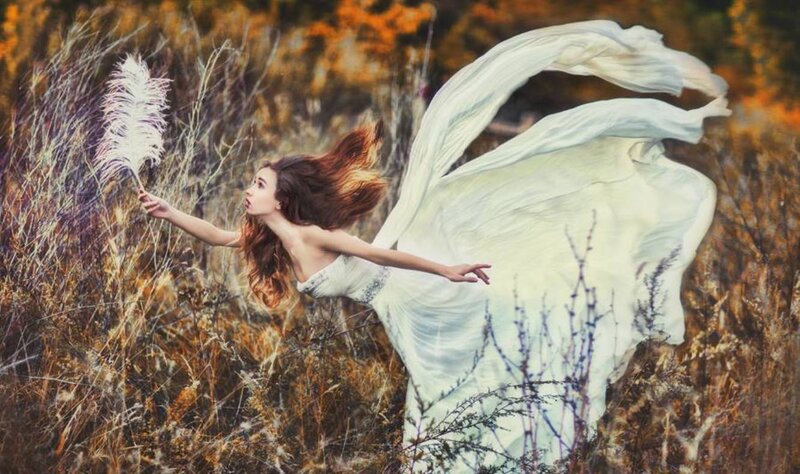 Woman in White Dress — Dramatic, Autumn, Photograph, Feather