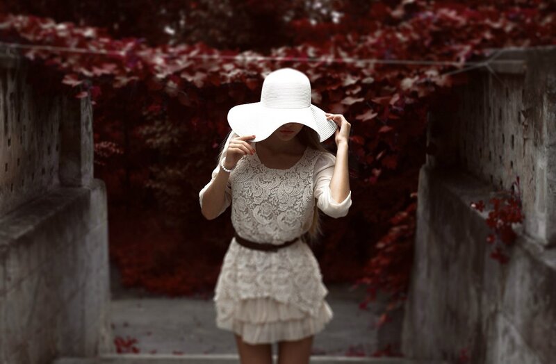 Woman in White Dress — Dramatic, Autumn, Photograph, Hat