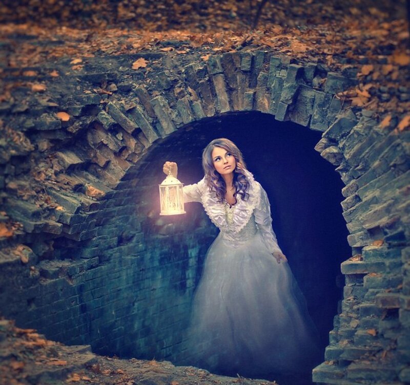Woman in White Dress — Dramatic, Autumn, Photograph, Lantern