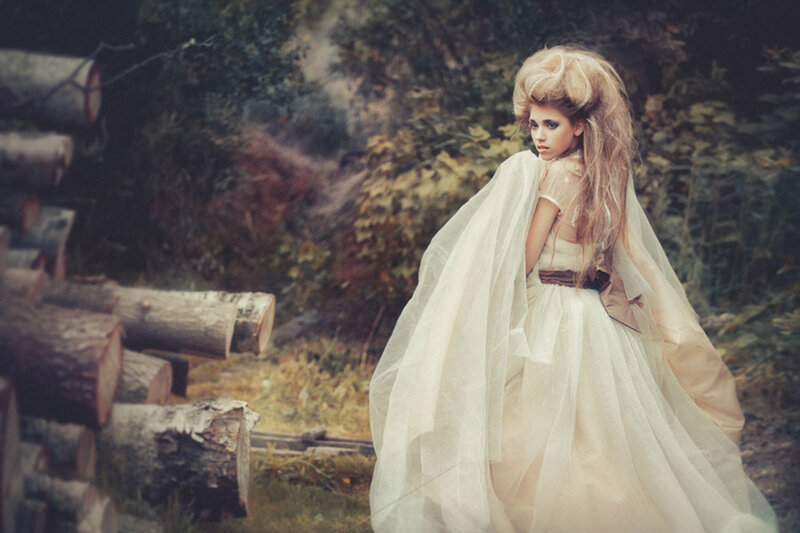 Woman in White Dress — Dramatic, Autumn, Photograph, Logs