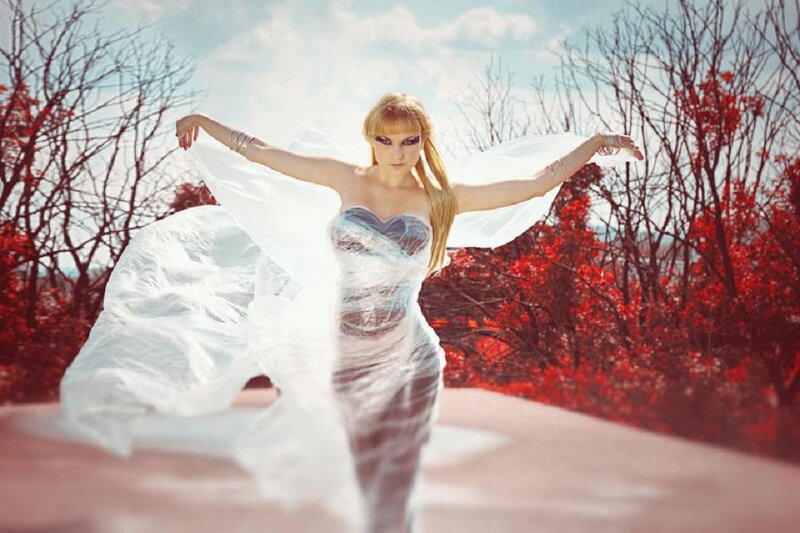 Woman in White Dress — Dramatic, Autumn, Photograph, Trees