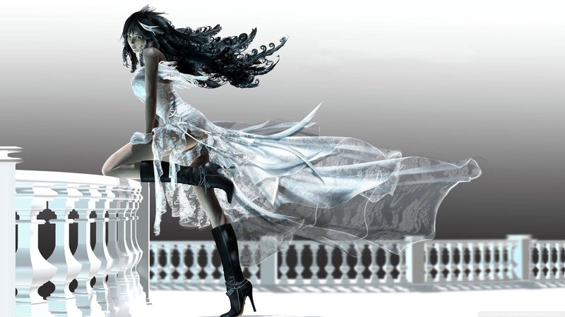 Woman in White Dress — Dramatic, Balcony