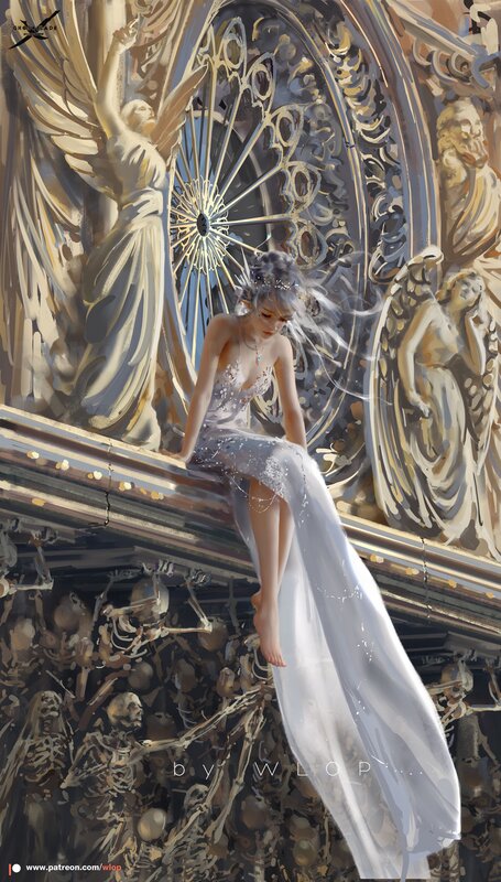Woman in White Dress — Dramatic, Digital Art, Angel Statues