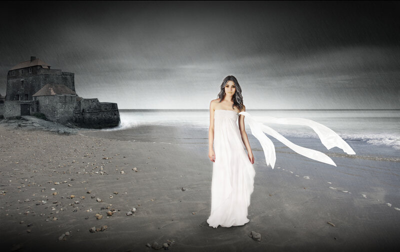 Woman in White Dress — Dramatic, Digital Art, Beach