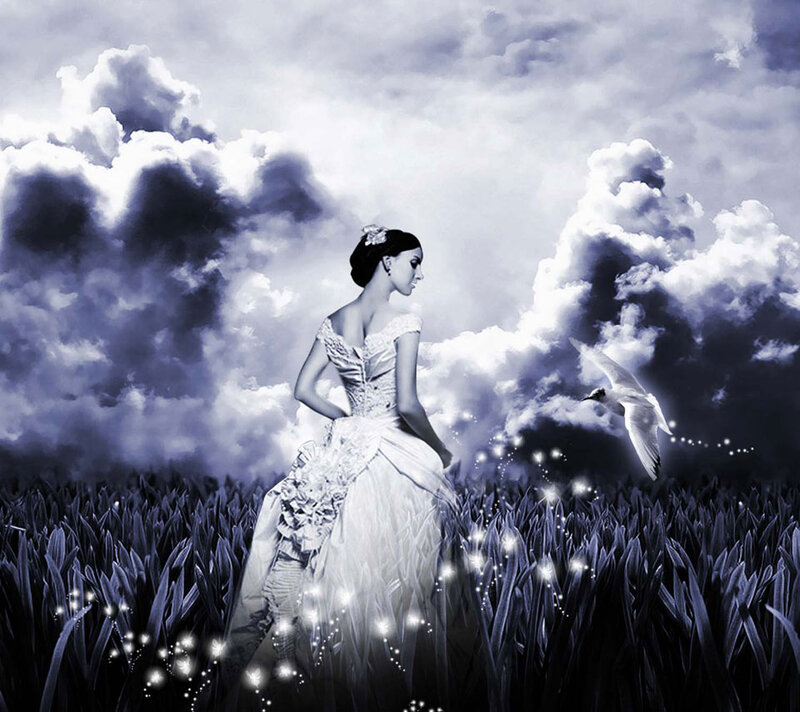 Woman in White Dress — Dramatic, Digital Art, Bird, Clouds