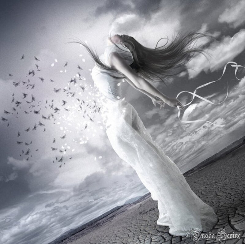 Woman in White Dress — Dramatic, Digital Art, Birds, Ribbon