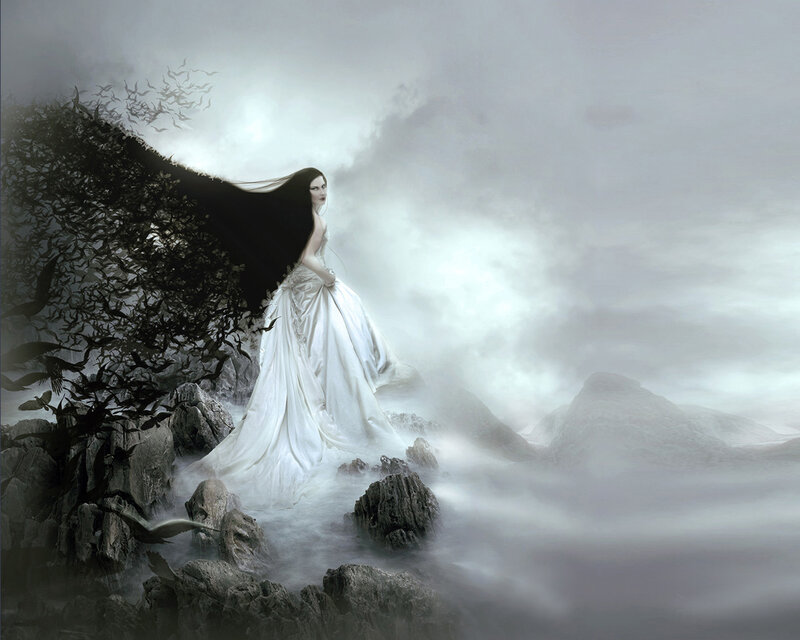 Woman in White Dress — Dramatic, Digital Art, Birds, Rocks