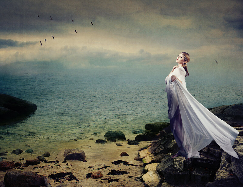 Woman in White Dress — Dramatic, Digital Art, Birds, Sea