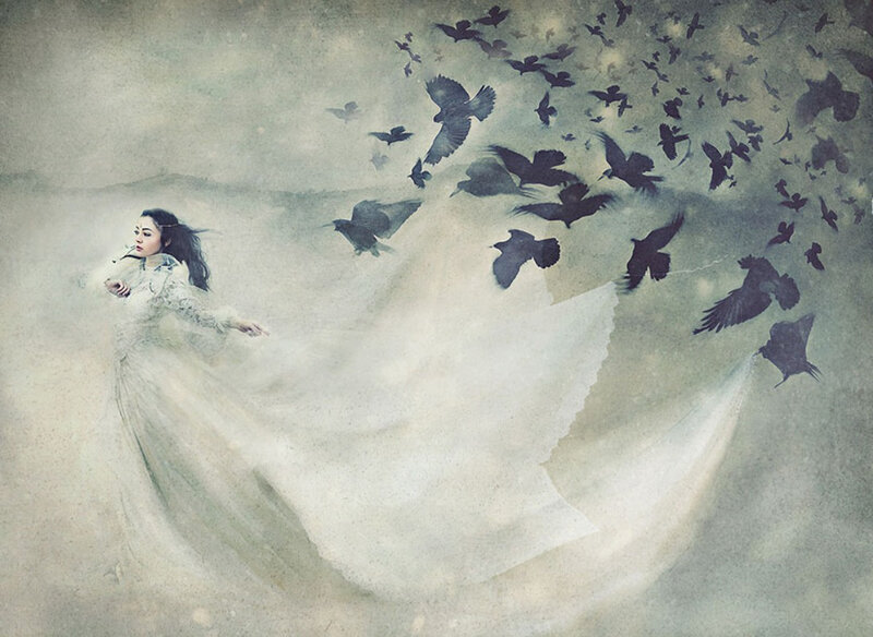 Woman in White Dress — Dramatic, Digital Art, Birds, Sky