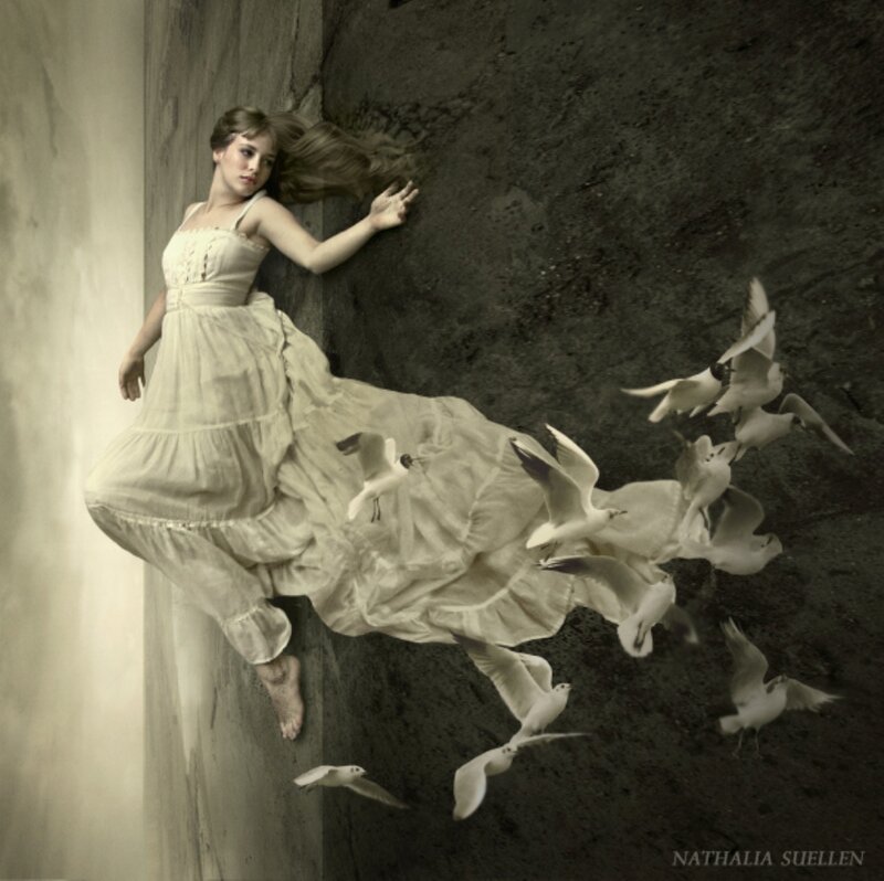 Woman in White Dress — Dramatic, Digital Art, Birds, Wall