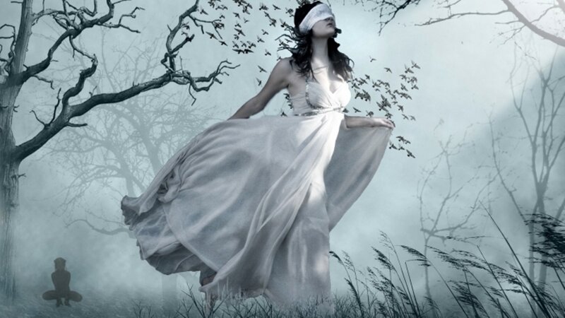 Woman in White Dress — Dramatic, Digital Art, Blindfold