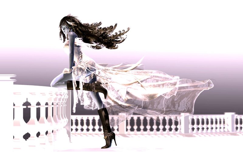 Woman in White Dress — Dramatic, Digital Art, Boots, Balcony, Black