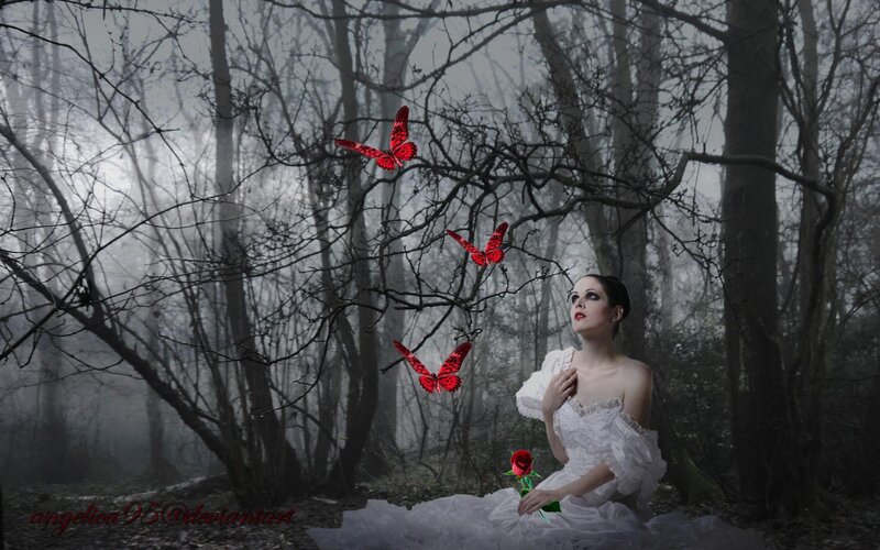 Woman in White Dress — Dramatic, Digital Art, Butterflies