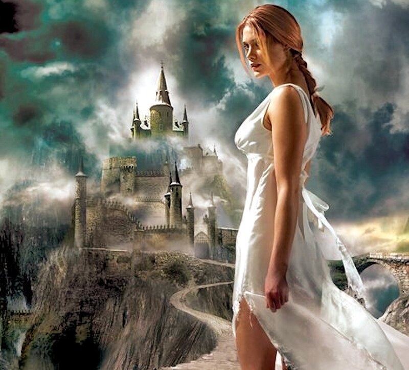 Woman in White Dress — Dramatic, Digital Art, Castle, Clouds