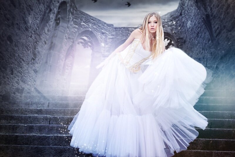 Woman in White Dress — Dramatic, Digital Art, Castle Ruins