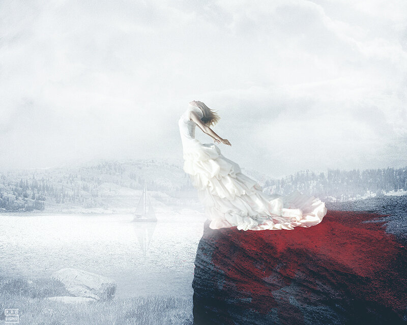 Woman in White Dress — Dramatic, Digital Art, Cliff, Sailboat