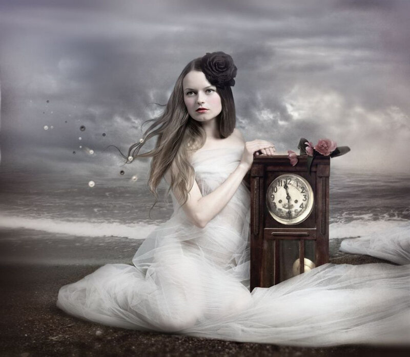 Woman in White Dress — Dramatic, Digital Art, Clock, Rose