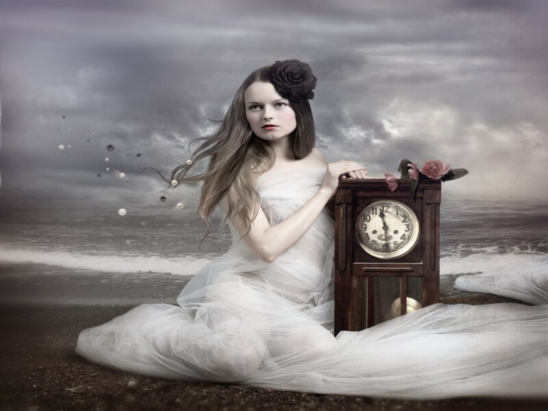 Woman in White Dress — Dramatic, Digital Art, Clock