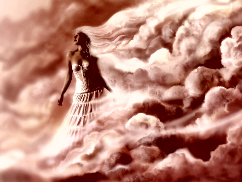 Woman in White Dress — Dramatic, Digital Art, Clouds