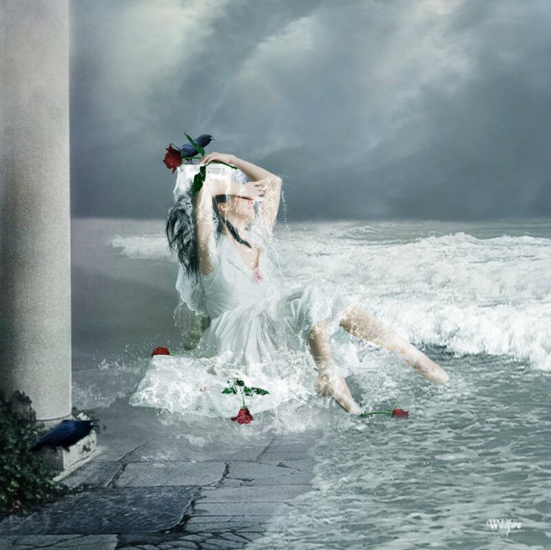 Woman in White Dress — Dramatic, Digital Art, Crow