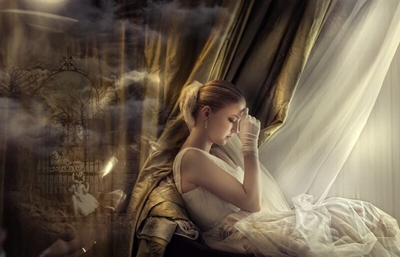 Woman in White Dress — Dramatic, Digital Art, Curtains, Gloves