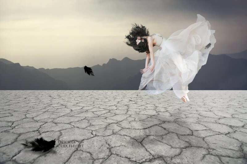 Woman in White Dress — Dramatic, Digital Art, Feather