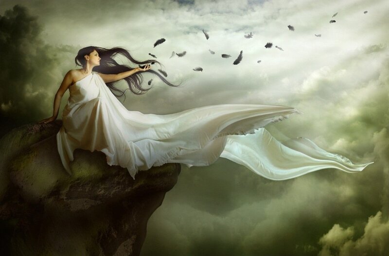 Woman in White Dress — Dramatic, Digital Art, Feathers, Clouds