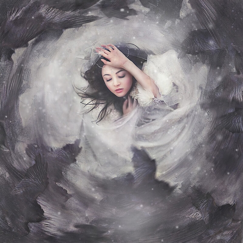 Woman in White Dress — Dramatic, Digital Art, Feathers