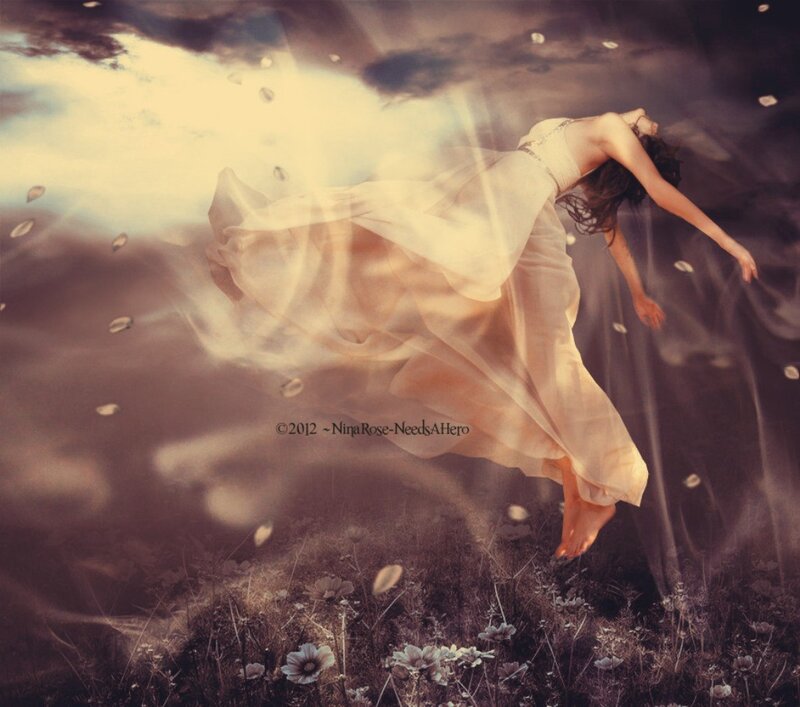 Woman in White Dress — Dramatic, Digital Art, Flowers, Petals