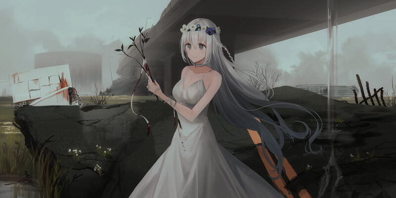 Woman in White Dress — Dramatic, Digital Art, Flowers, Ruins