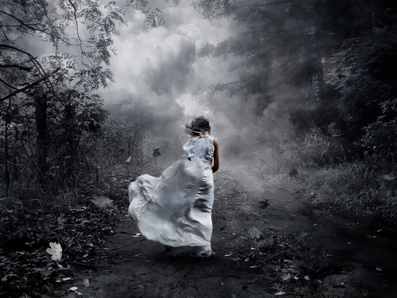 Woman in White Dress — Dramatic, Digital Art, Forest, Path
