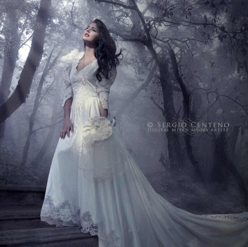 Woman in White Dress — Dramatic, Digital Art, Forest, Stairs