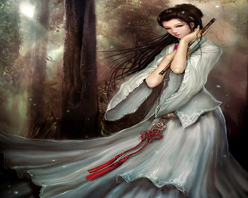 Woman in White Dress — Dramatic, Digital Art, Forest