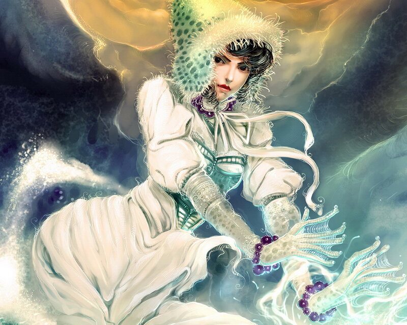 Woman in White Dress — Dramatic, Digital Art, Hat, Hands
