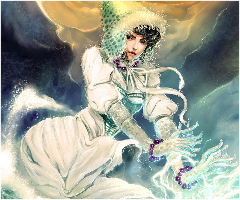 Woman in White Dress — Dramatic, Digital Art, Hat
