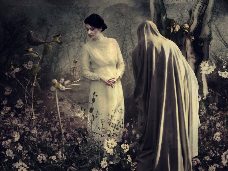 Woman in White Dress — Dramatic, Digital Art, Hooded Figure