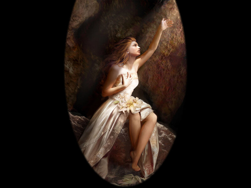 Woman in White Dress — Dramatic, Digital Art, Lily Flower