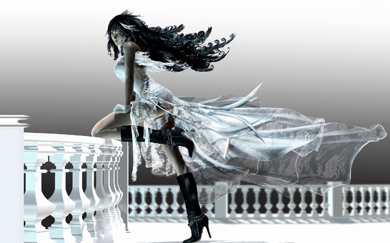 Woman in White Dress — Dramatic, Digital Art, Long Black Hair, White Dress