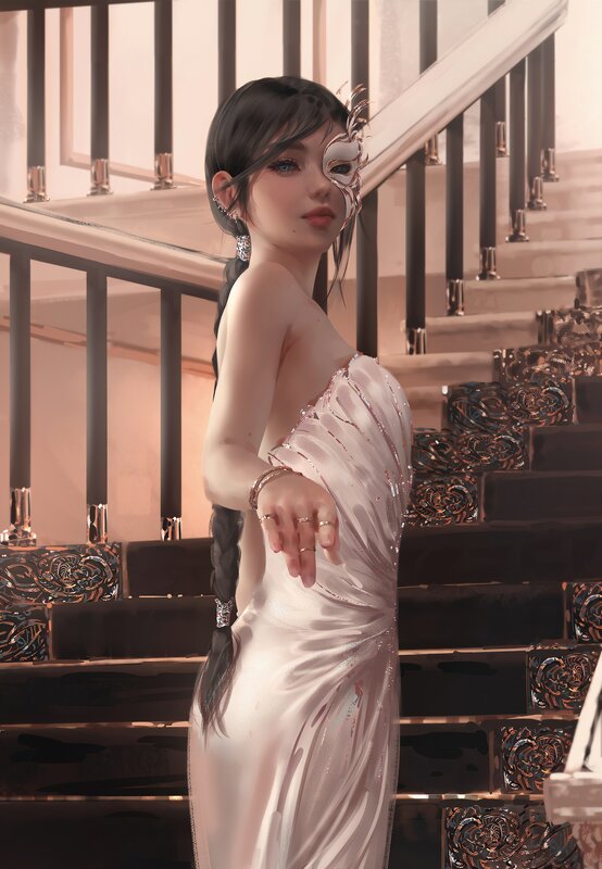 Woman in White Dress — Dramatic, Digital Art, Mask, Stairs