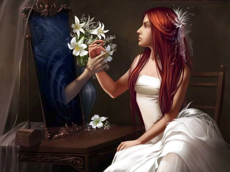 Woman in White Dress — Dramatic, Digital Art, Mirror, Flowers