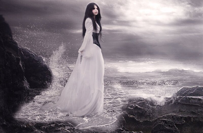 Woman in White Dress — Dramatic, Digital Art, Ocean