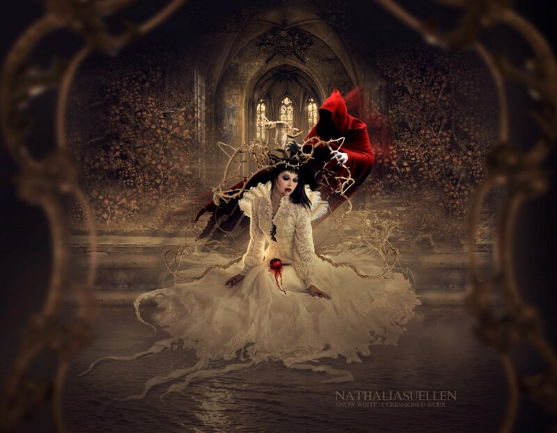 Woman in White Dress — Dramatic, Digital Art, Red Hooded Figure