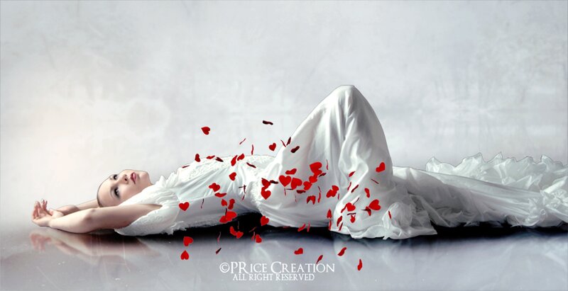 Woman in White Dress — Dramatic, Digital Art, Red Petals